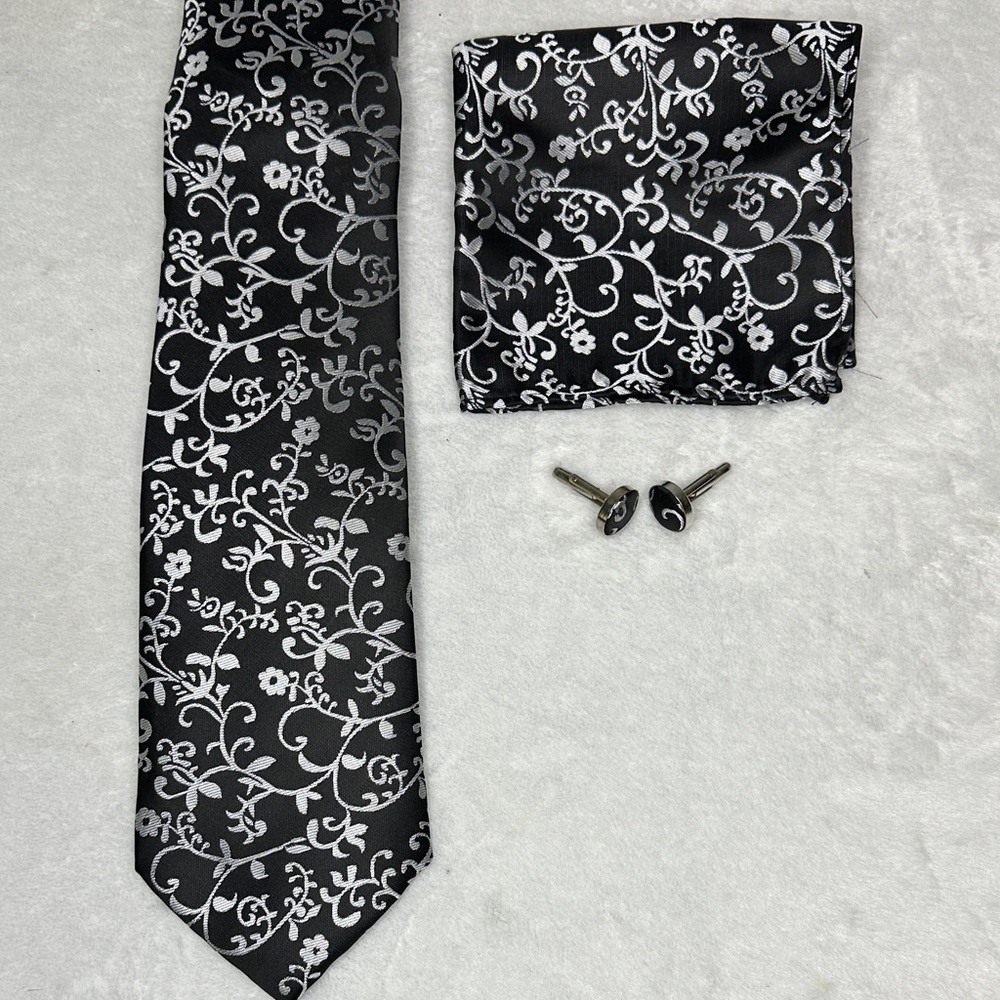 Black and Silver Tie Pocket Square and Cufflinks